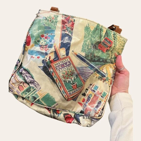 Unique vintage vinyl colored pencil illustrated European scenery artist purse - Picture 3 of 8